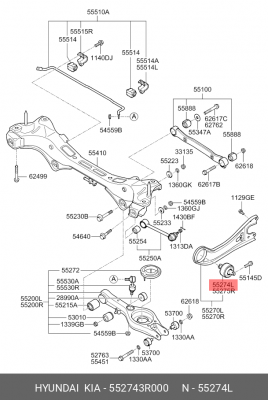 САЙЛЕНТБЛОК HYUNDAI I40 (11-) РЫЧАГА ЗАДНЕГО ПРОДОЛЬНОГО ЛЕВЫЙ OE 552743R000 MOBIS