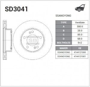 Диск тормозной SsangYong Rexton 2.7Xdi 04 SD3041 SD3041 SANGSIN