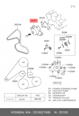 Насос водяной HYUNDAI Tucson (05-),Santa Fe (05-) KIA Sportage (05-) (2.0 TDI) O 2510027400 HYUNDAI KIA