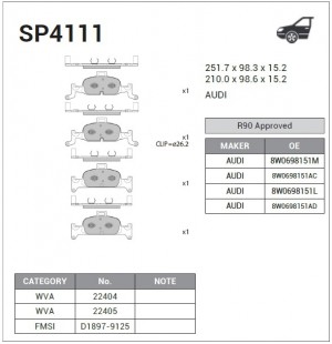 Колодки тормозные AUDI Q5 (16-) передние (4шт.) SANGSIN SP4111 SANGSIN