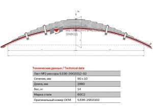 Лист рессоры МАЗ-5336 передней №2 L=1980мм ЧМЗ 53362902102 OMK AUTO