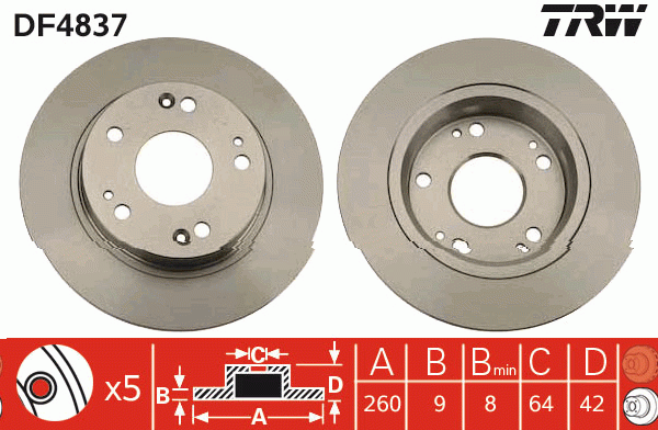 Диск тормозной задний HONDA CIVIC VII-IX DF4837 DF4837 TRW
