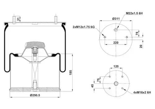 Пневморессора Premium со стаканом (металл) 2шп.+1 отвер. под возд. (стакан 4 отв 090030188 SONDER