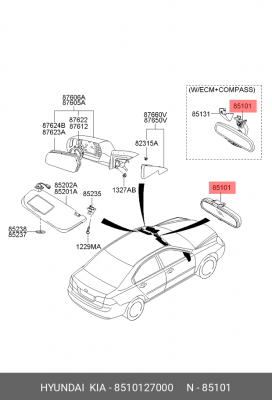 Зеркало салонное HYUNDAI Elantra (00-) KIA Ceed (06-), Cerato (04-) OE 8510127000 HYUNDAI KIA