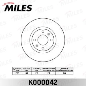 Диск тормозной передний CITROEN BERLINGO (+ESP)/C3/C4/C5/ PEUGEOT 207/307/308 (T K000042 MILES