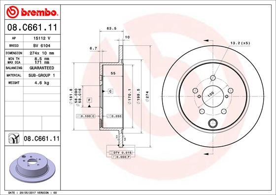 Диск тормозной SUBARU Forester (12-),Impreza (11-) задний (1шт.) BREMBO 08C66111 BREMBO
