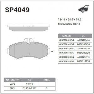 Колодки тормозные дисковые MB Vito 2.0i/2.3i/2.2CDi/2.3D/CDi 98 SP4049 SP4049 SANGSIN