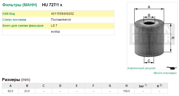 Фильтр масляный MERCEDES SSANGYONG MANN HU727/1X MANN FILTER