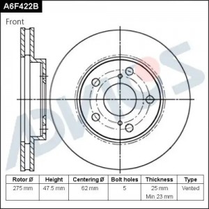 Диск тормозной передний A6F422B A6F422B ADVICS