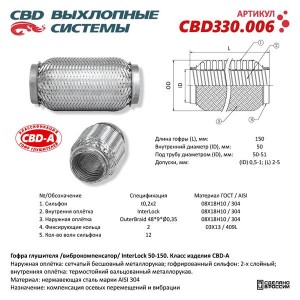 Гофра глушителя 50х150 в 3-ой оплетке interlock нержавеющая сталь CBD CBD330.006 CBD