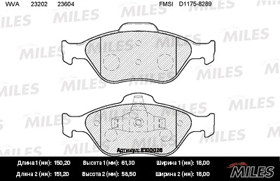 Колодки тормозные передние (без датчика) (Смесь Semi-Metallic) (FORD FIESTA IV-V E100026 MILES