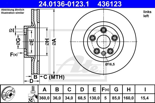 Диск тормозной VW Touareg (11-18) передний левый (1шт.) ATE 24.0136-0123.1 ATE