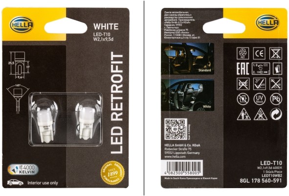 к-кт ламп! (W5W) 12V светодиодная LED RETROFIT W2.1x9.5d 1W 4000K(2шт. в блистер 8GL178560-591 HELLA