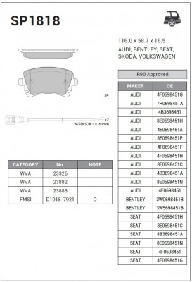 Колодки тормозные передние Audi A4/A6/A8 2.8-4.2/3.0TDi 02 SP1818 SP1818 SANGSIN