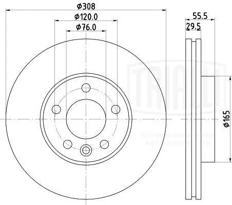 Диск торм. VW Transporter T5 (03-)/T6 (15-) перед. d=308; thk=29,5; PCD-5/120 (D DF 185101 TRIALLI