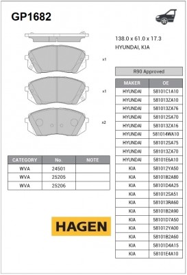 колодки дисковые передние!\ Hyundai ix35 10>, KIA Sportage 10>/Carens 02> GP1682 HAGEN