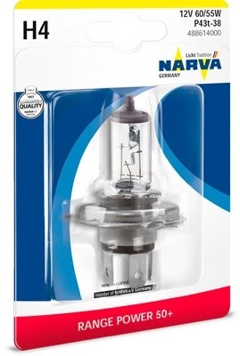 Лампа 12V H4 60/55W P43t-38 +50% блистер (1шт.) Range Power 50+ NARVA 488614000 NARVA
