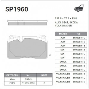 Колодки тормозные дисковые Audi Q5 2.0TFSI/3.0TFSI/2.0TDI/3.0TDI 08 SP1960 SP1960 SANGSIN