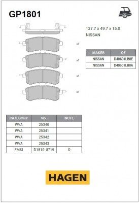 Колодки тормозные NISSAN Patrol (Y62) (10-) задние (4шт.) HAGEN SANGSIN GP1801 SANGSIN