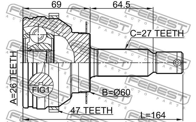 ШРУС наружный 26x60x27 1210-SON20A47 1210-SON20A47 FEBEST