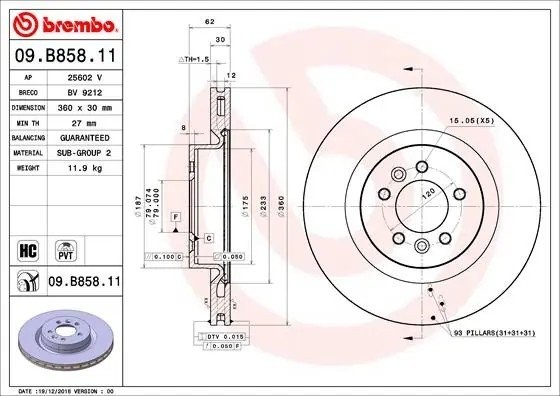 Диск тормозной передний RANGE ROVER SPORT (L494) 04/13  09.B858.11 09.B858.11 BREMBO