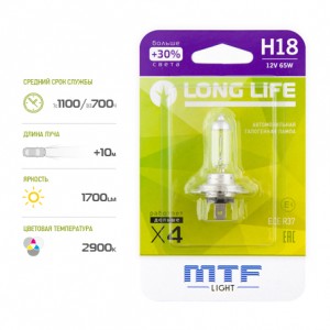 Лампа 12V H18 65W PY26d-1 +30% блистер (1шт.) Long Life MTF HLL1218B MTF