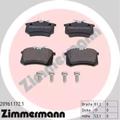 колодки дисковые !задн. 87x53x17 \ Audi A3-A8 94>, VW Golf III-IV/Passat 88>, Sk 20961.172.1 ZIMMERMANN
