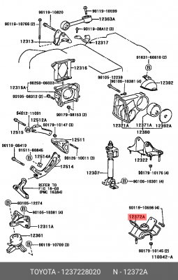 опора двигателя левая!\ Toyota 12372-28020 TOYOTA