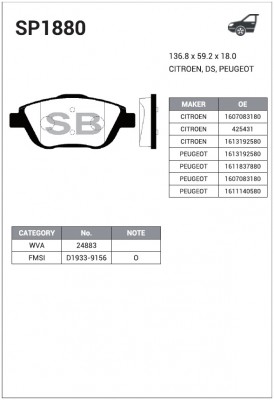 Колодки тормозные дисковые Citroen C3 Picasso 1.2/1.6HDi 09 SP1880 SP1880 SANGSIN