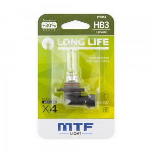 Лампа 12V HB3 65W P20d +30% блистер (1шт.) Long Life MTF HLL12B3B MTF