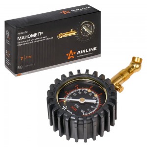 Манометр шинный ( 7атм) металл (50мм, обрезиненный, клапан сброса) /AIRLINE/ AEAS002 AIRLINE