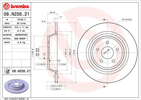 Диск тормозной FORD KUGA II (DM2) 05/12  задн. 08.N258.21 08.N258.21 BREMBO