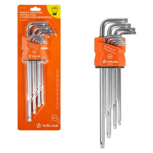 Набор Г-образных ключей TORX инбус с отв. удлинённых 9 предметов (Т10, Т15, Т20, AT-9-21 AIRLINE
