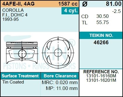 к-кт поршней! 0.50 (4 шт.)\ Toyota Avensis/Corolla/Carina 1.8i 7A-FE 92> 46266050 TEIKIN