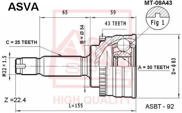 Шрус наружный 30x54x25 MT-09A43 ASVA