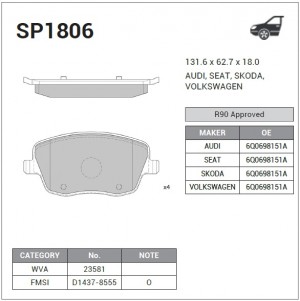 Колодки тормозные передние Skoda Fabia 2.0i 16V 01 SP1806 SP1806 SANGSIN