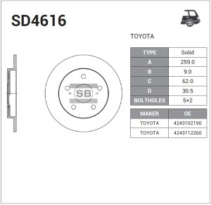 Диск тормозной TOYOTA Corolla (06-) задний (1шт.) SANGSIN SD4616 SANGSIN