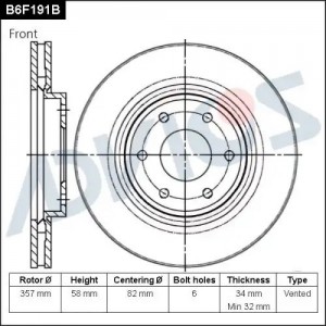 Диск тормозной пер. ADVICS B6F191B B6F191B ADVICS