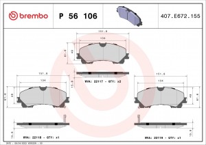 P56106 колодки дисковые передние!\ Nissan X-Trail, Infiniti Q50 1.6dCi/2.2D 13> P56106 BREMBO