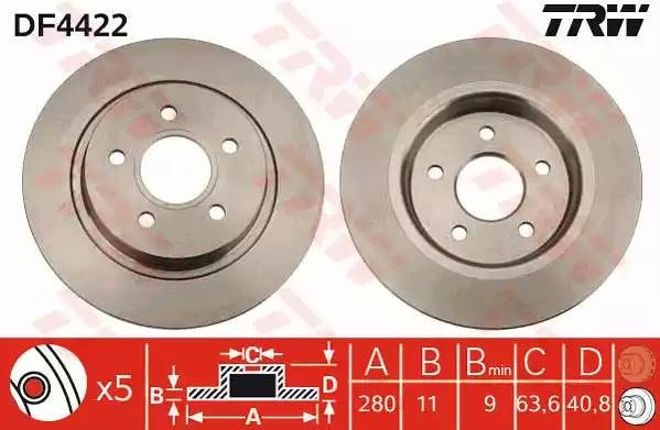 Диск тормозной FORD Focus 2,C-Max,VOLVO C30,S40,V50 задний (1шт.) TRW DF4422 TRW