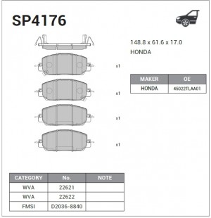 Колодки тормозные HONDA CR-V (17-) передние (4шт.) SANGSIN SP4176 SANGSIN