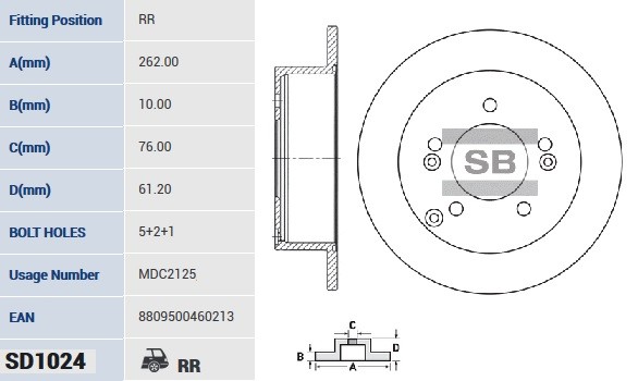 Диск тормозной HYUNDAI SONATA (NF)/TUCSON 04-/KIA SPORTAGE 04- задний D 262мм. S SD1024 SANGSIN