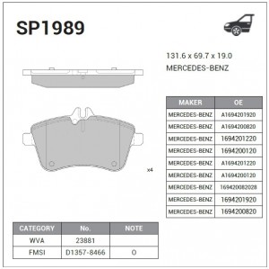 Колодки тормозные дисковые MB W169 2.0CDi OM640.941 04/W245 1.8CDi OM640.940 05  SP1989 SANGSIN