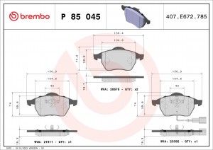 Колодки тормозные VW Golf (97-06) AUDI A3 (93-06) SKODA Octavia (97-10) передние P85045 BREMBO