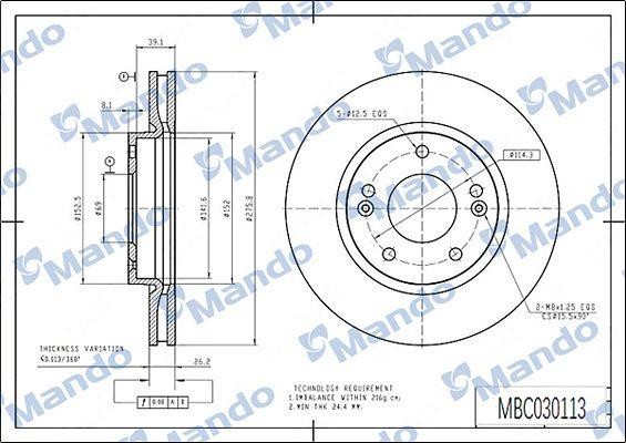 Диск тормозной TOYOTA Hilux (95-) передний (1шт.) MANDO MBC030115 MANDO