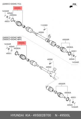 Привод HYUNDAI Santa Fe (10-) колеса переднего левый АКПП OE 495002B700 HYUNDAI KIA