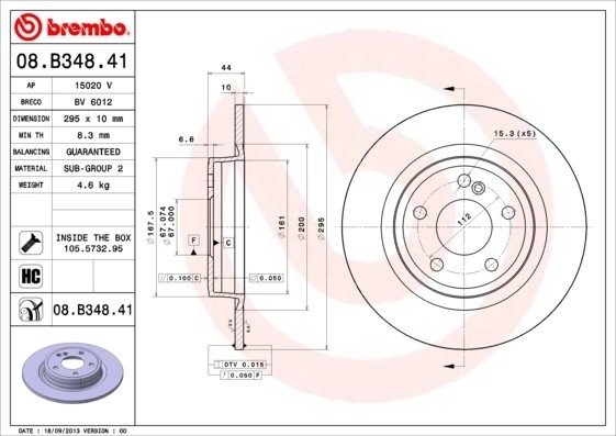 Диск тормозной MERCEDES A (W176),B (W246),CLA (W117) задний (1шт.) BREMBO 08.B348.41 BREMBO