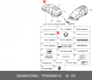Эмблема SSANGYONG Rexton (02-) капота (экспорт) OE 7996008010 SSANG YONG