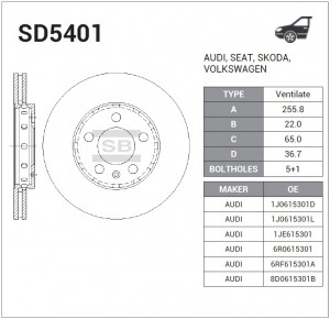 Диск тормозной VW Golf 4,5 AUDI A2,A3 SKODA Fabia,Octavia передний (1шт.) SANGSI SD5401 SANGSIN