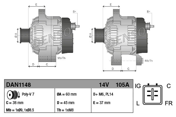 Генератор 14V 105A DAN1148 DENSO